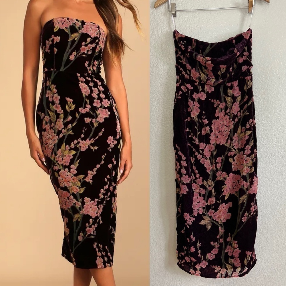 Lulu's Black Velvet Strapless Midi Dress with Pink Floral Embroidery